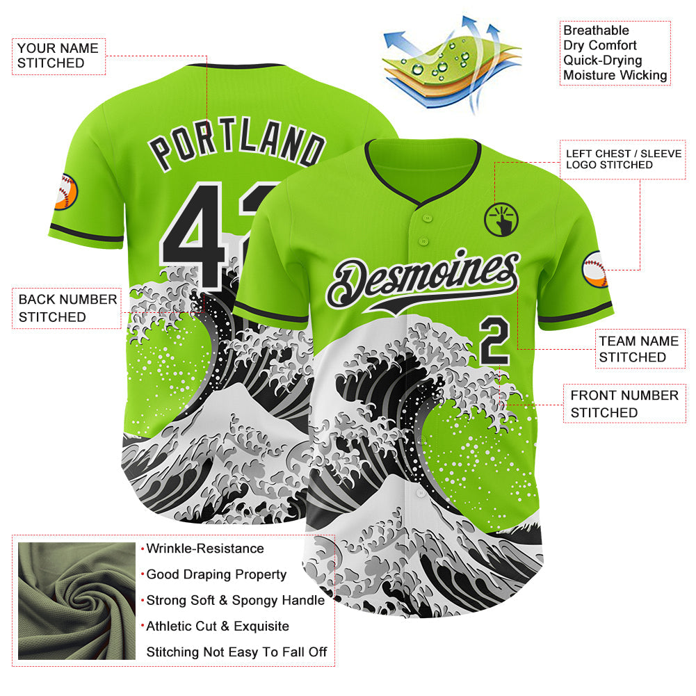 Custom Neon Green Black-White Japanese Wave Authentic Baseball Jersey