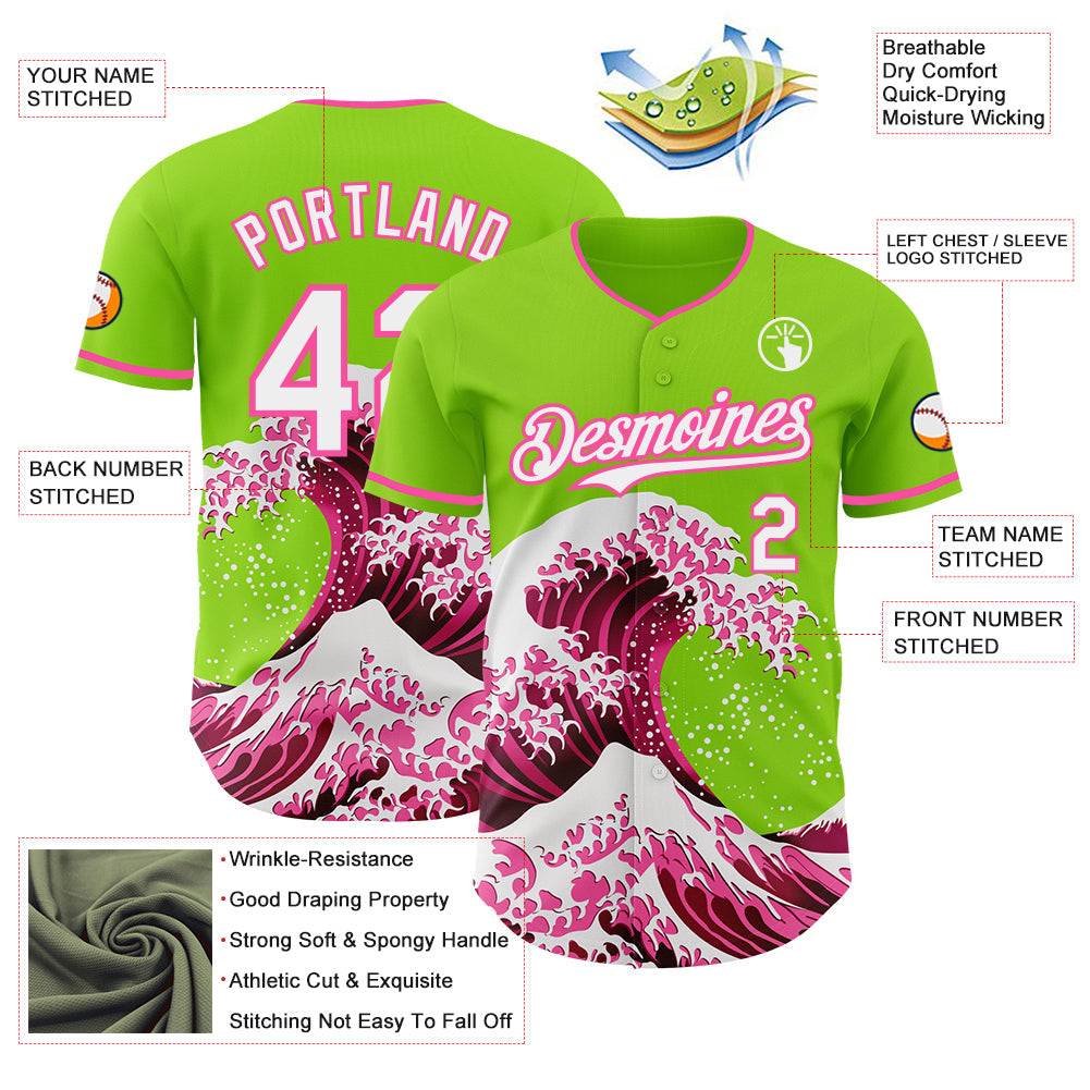 Custom Neon Green Pink-White Japanese Wave Authentic Baseball Jersey