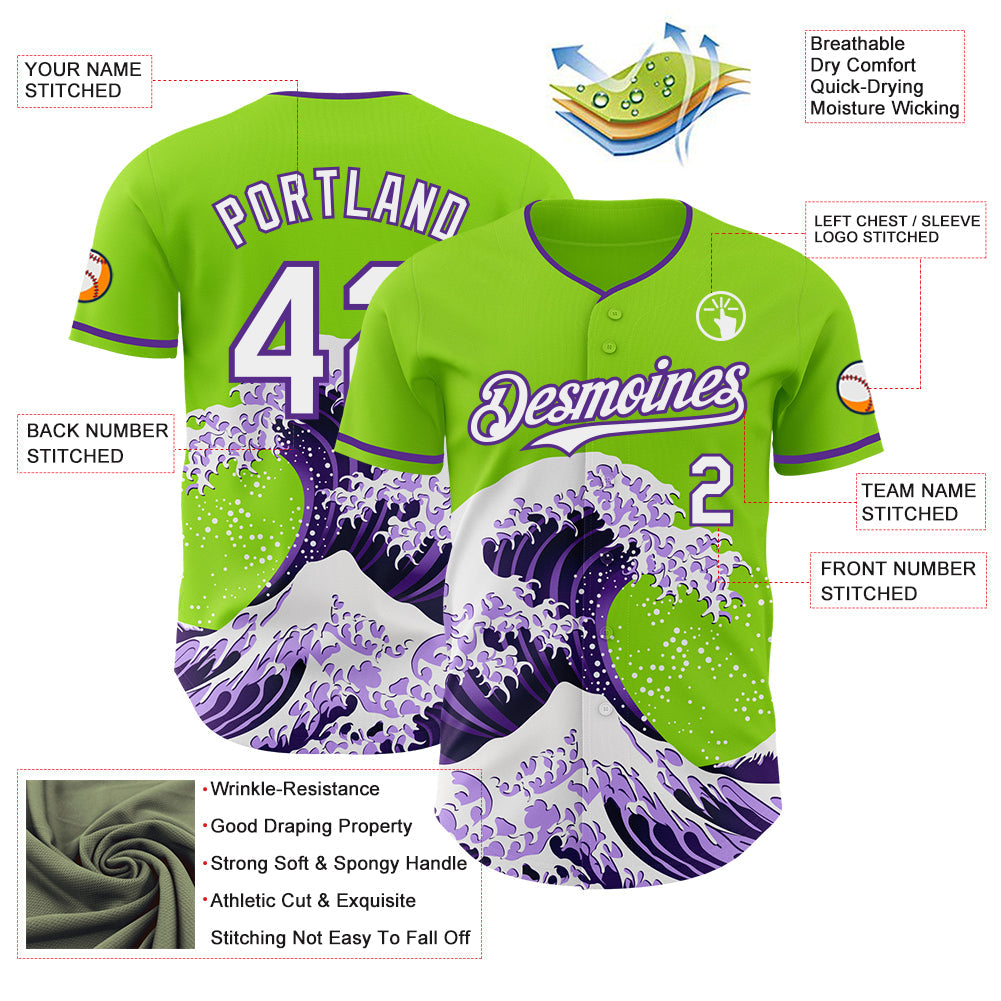 Custom Neon Green Purple-White Japanese Wave Authentic Baseball Jersey