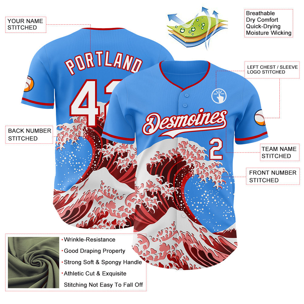 Custom Electric Blue White-Red Japanese Wave Authentic Baseball Jersey