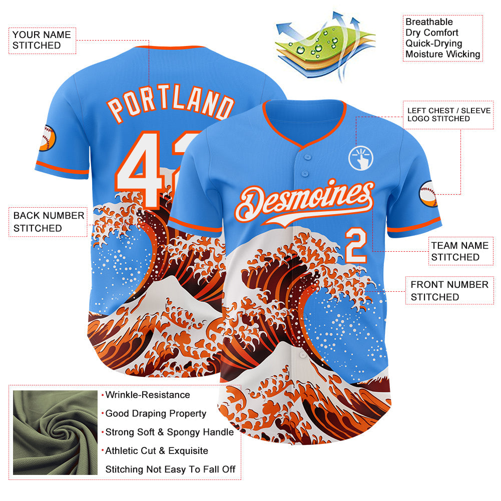 Custom Electric Blue White-Orange Japanese Wave Authentic Baseball Jersey