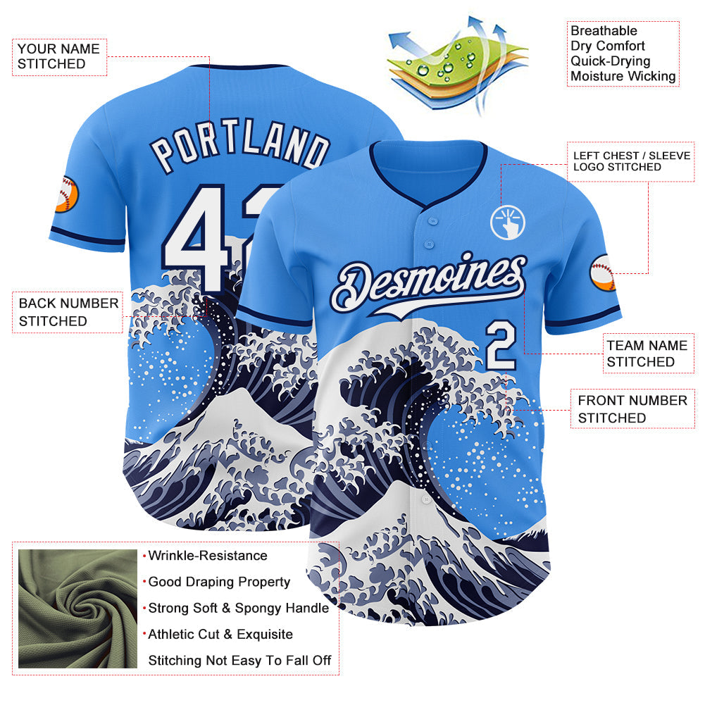 Custom Electric Blue White-Navy Japanese Wave Authentic Baseball Jersey