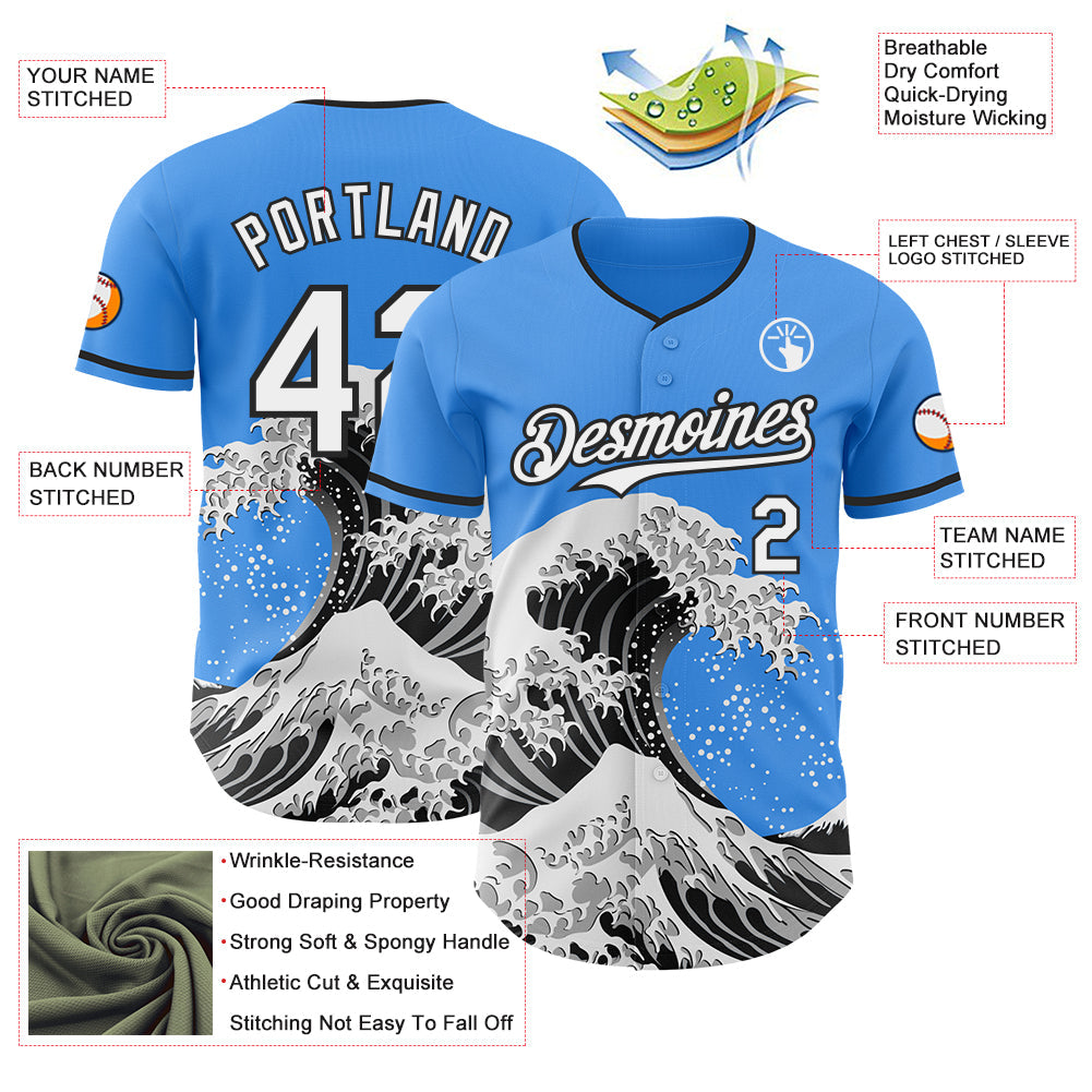 Custom Electric Blue White-Black Japanese Wave Authentic Baseball Jersey