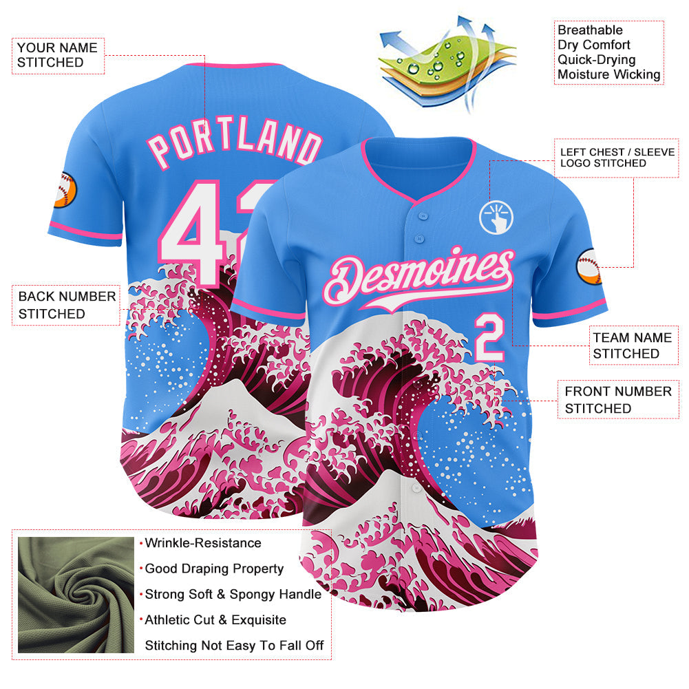 Custom Electric Blue White-Pink Japanese Wave Authentic Baseball Jersey