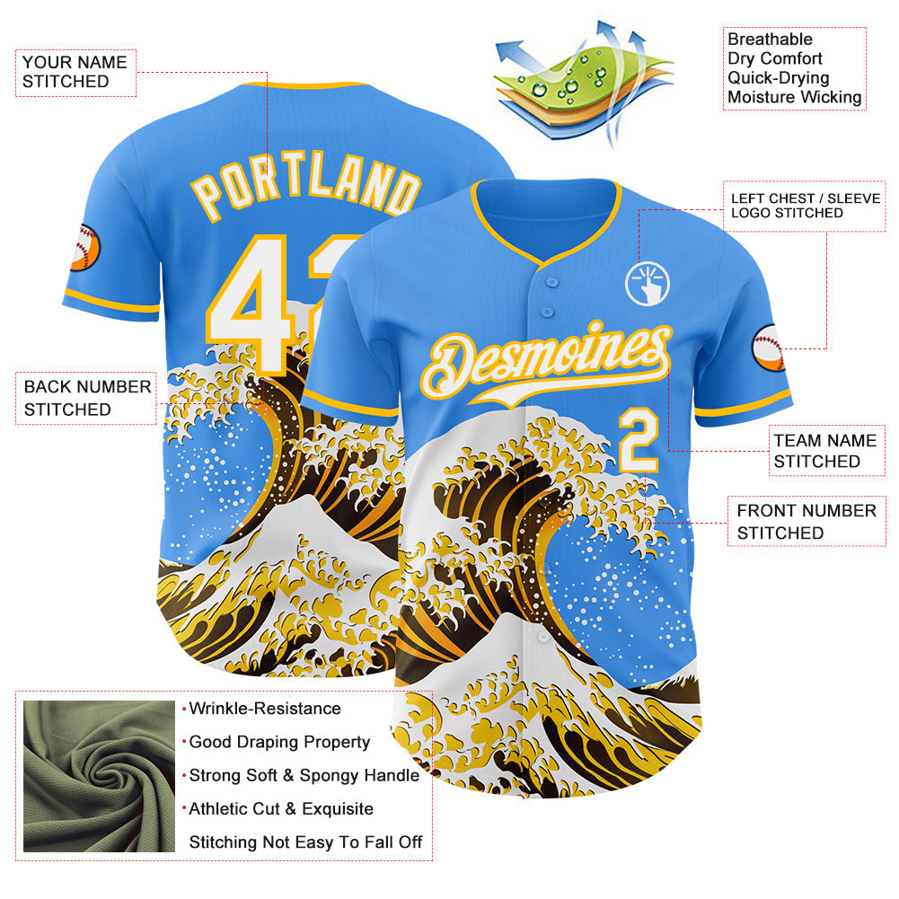 Custom Electric Blue White-Gold Japanese Wave Authentic Baseball Jersey