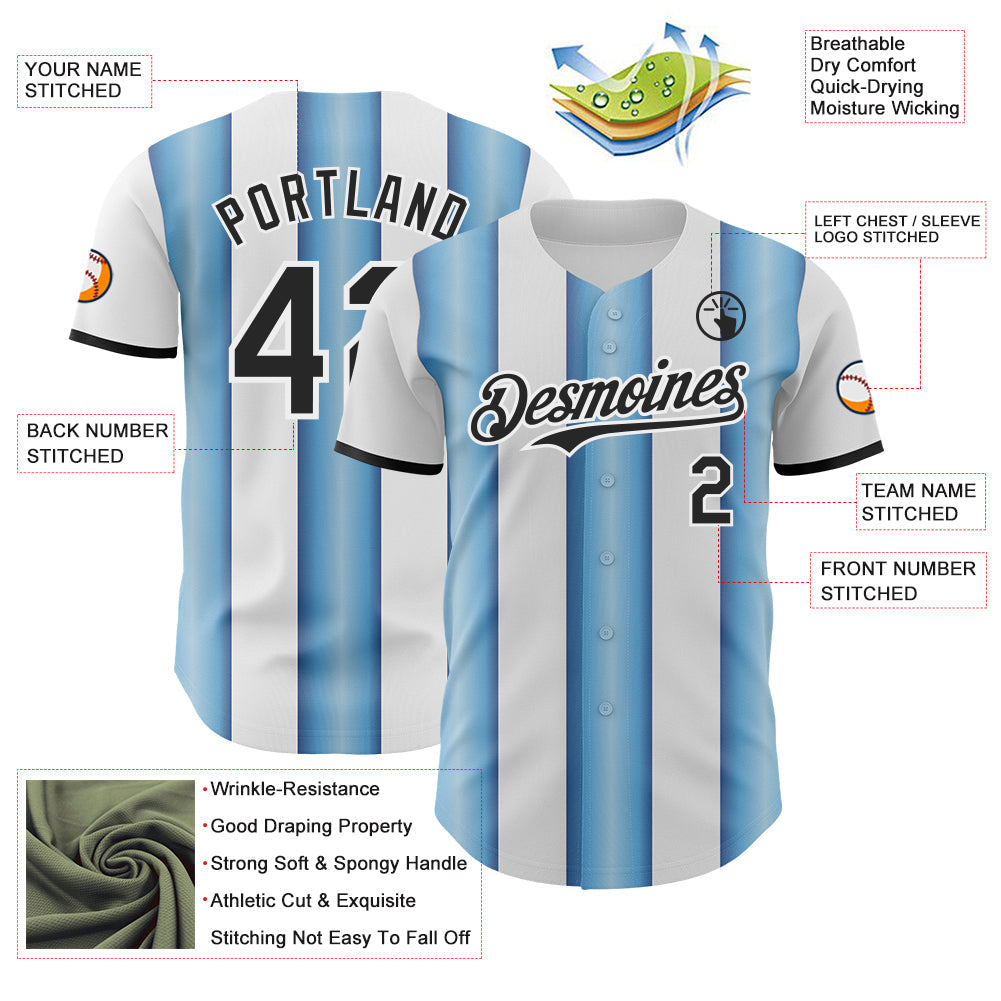Custom White Black-Light Blue Gradient Vertical Stripe Argentina Style Authentic Baseball Jersey