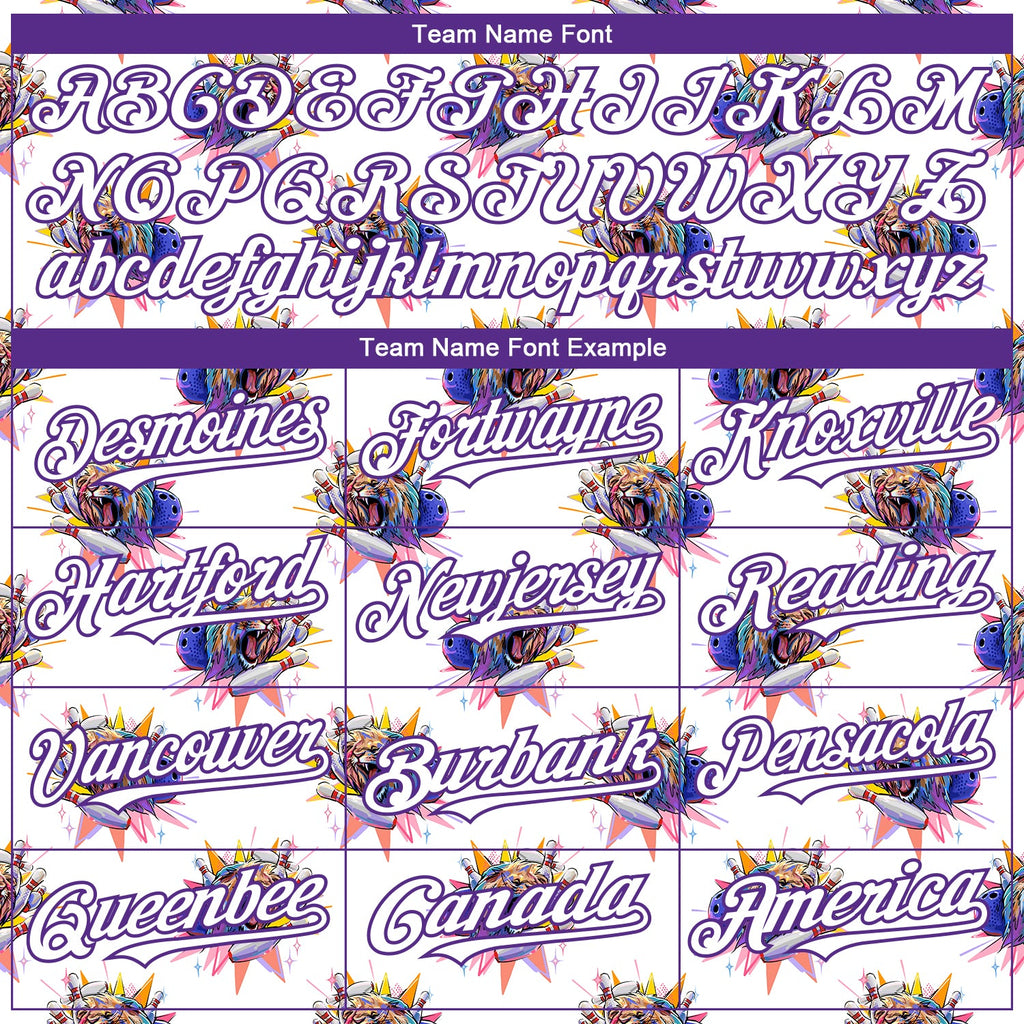 Custom White Purple 3D Pattern Design Growling Lion Among The Bowling Authentic Baseball Jersey