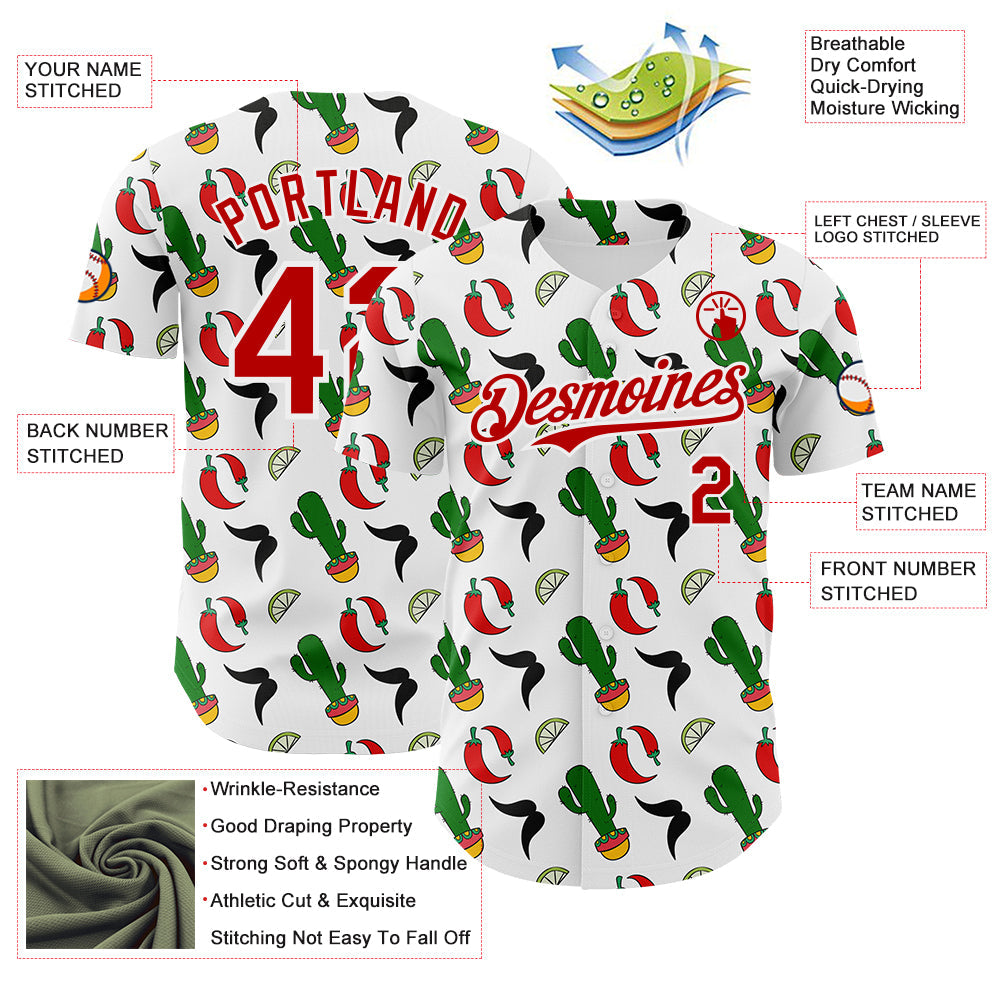 Custom White-Red Mexican Cinco de Mayo Fiesta Chili Cactus Authentic Baseball Jersey