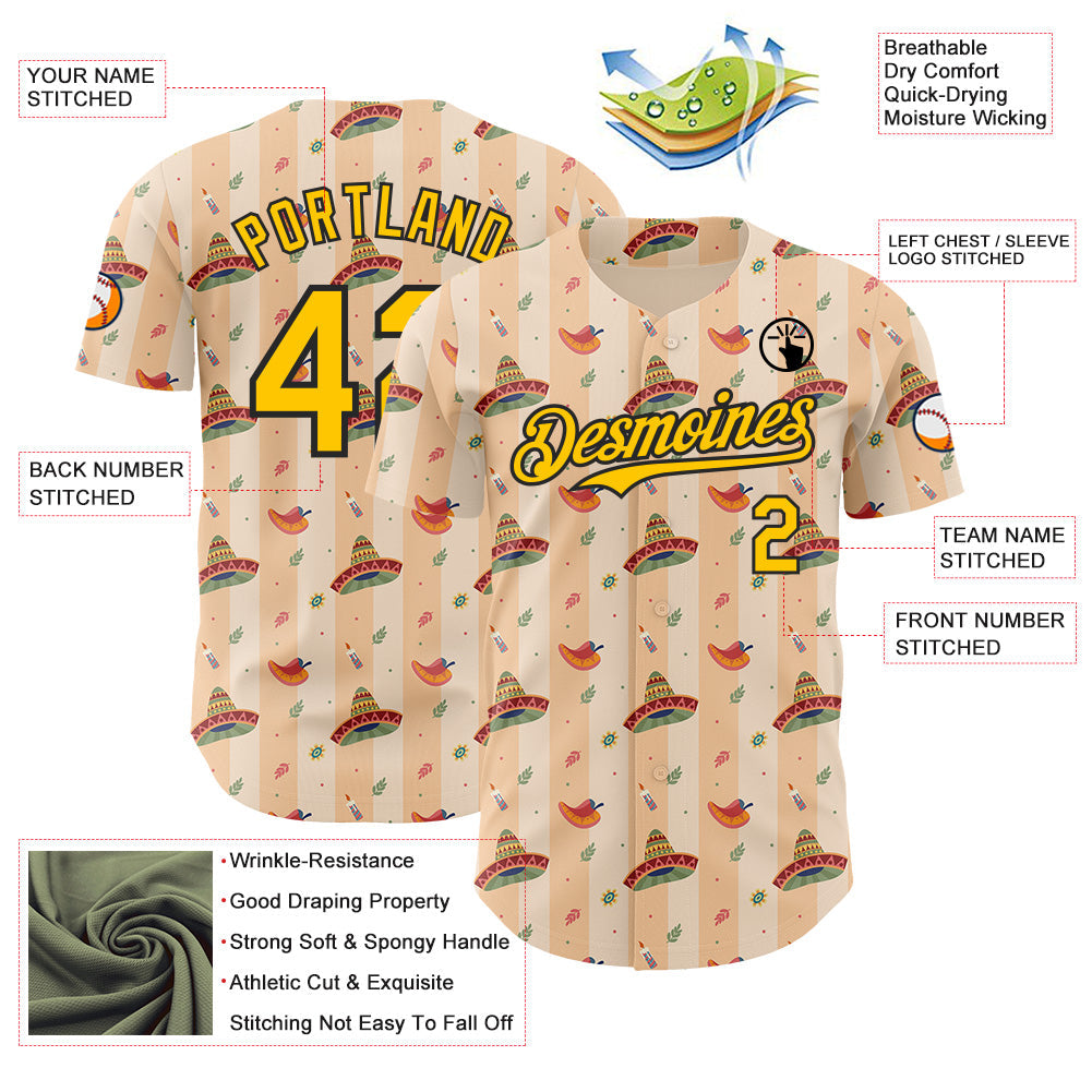 Custom Yellow-Black Cinco de Mayo Fiesta Mexican Sombrero Authentic Baseball Jersey