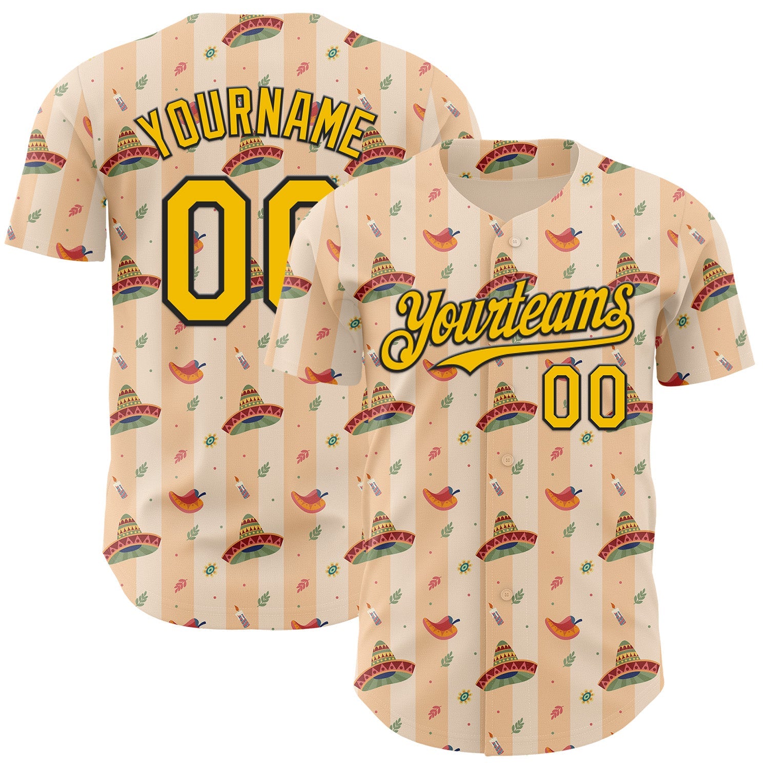 Custom Yellow-Black Cinco de Mayo Fiesta Mexican Sombrero Authentic Baseball Jersey