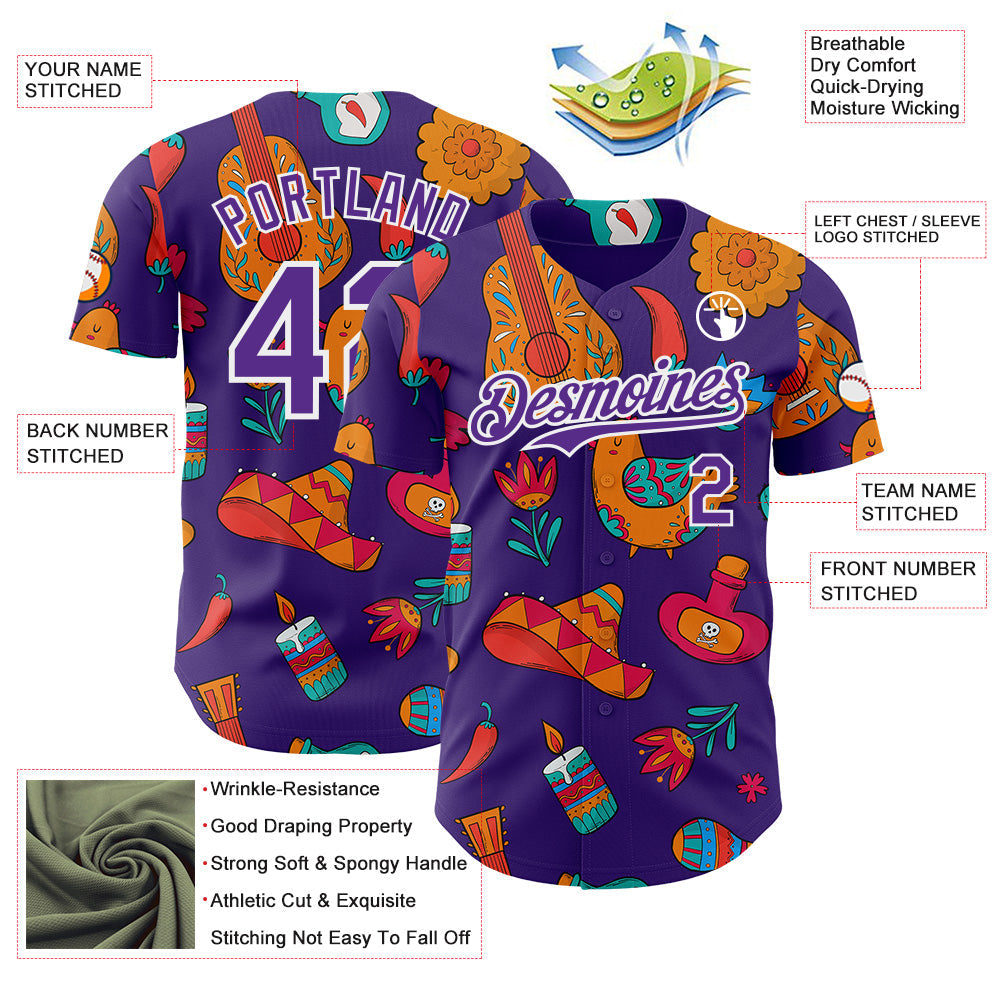 Custom Purple-White Cinco de Mayo Fiesta Guitar Sombrero Mexican Folk Art Authentic Baseball Jersey