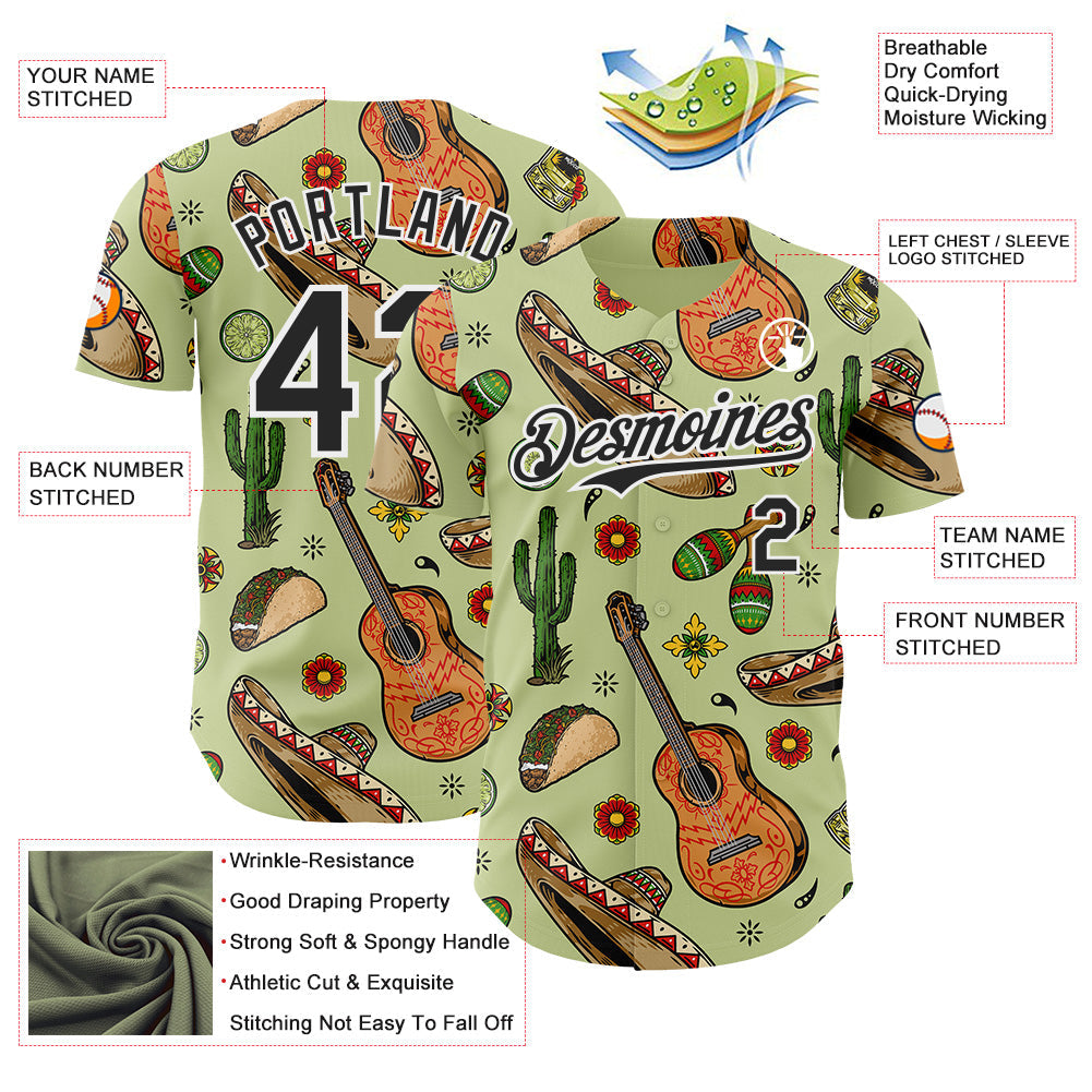 Custom Green Black-White Cinco de Mayo Fiesta Mexican Folk Art Guitar Cactus Taco Authentic Baseball Jersey
