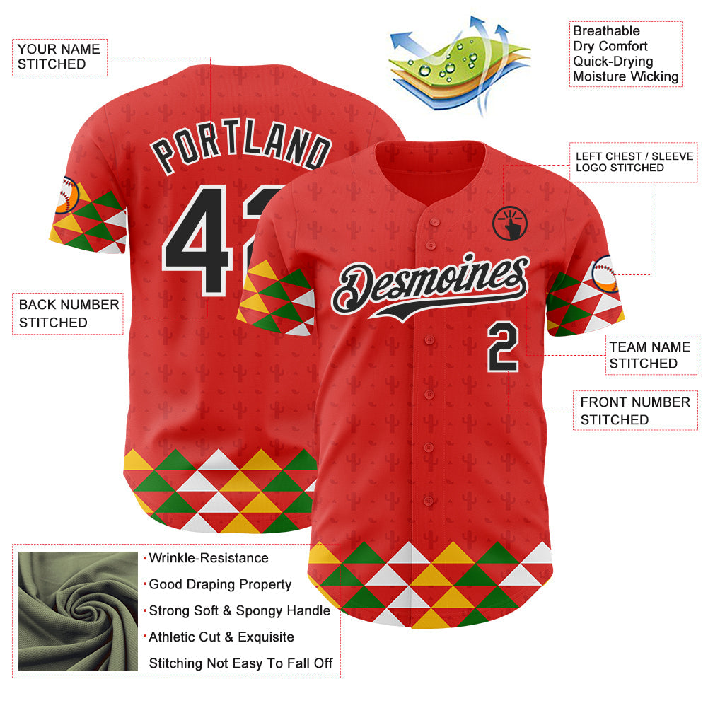 Custom Red Black-White Cinco de Mayo Fiesta Cactus Authentic Baseball Jersey