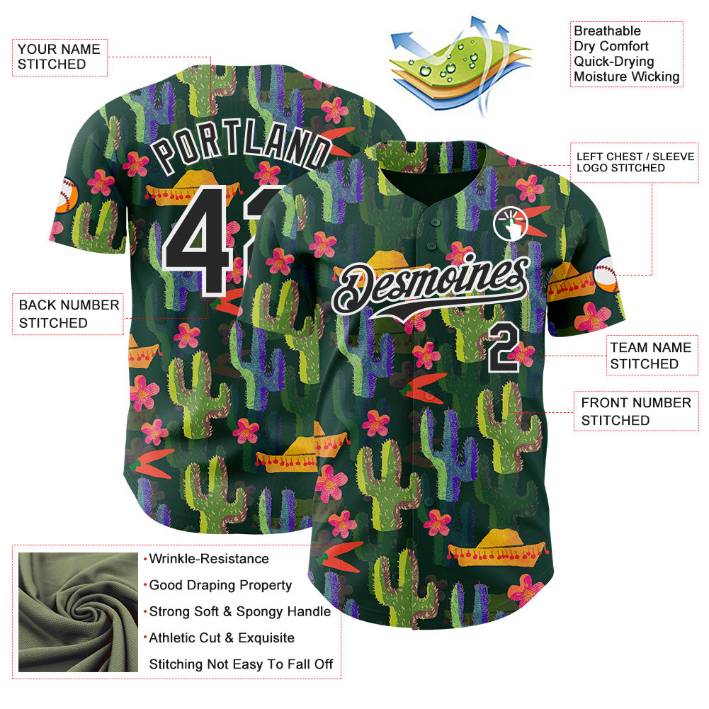 Custom Green Black-White Cinco de Mayo Sombrero Mexican Cactus Authentic Baseball Jersey