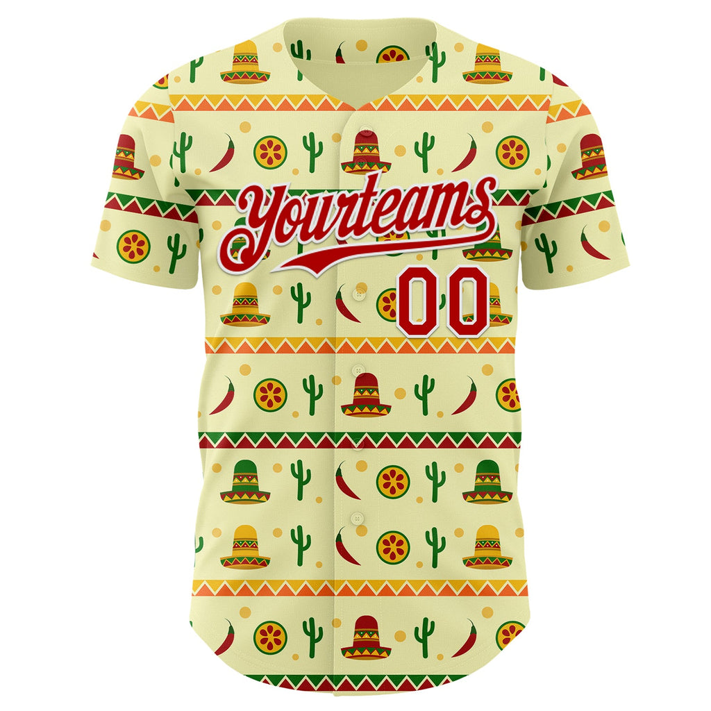 Custom Yellow Red-White Cinco de Mayo Cactus Mexican Folk Art Authentic Baseball Jersey