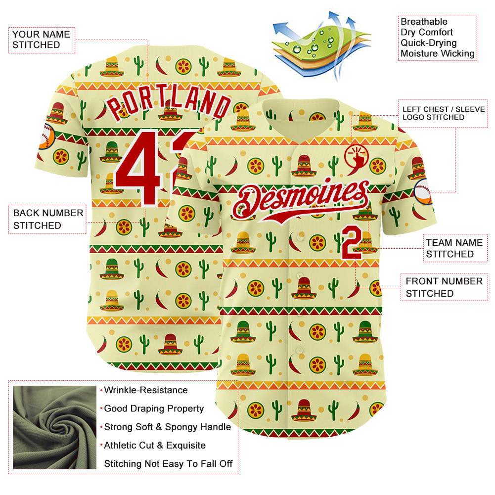 Custom Yellow Red-White Cinco de Mayo Cactus Mexican Folk Art Authentic Baseball Jersey