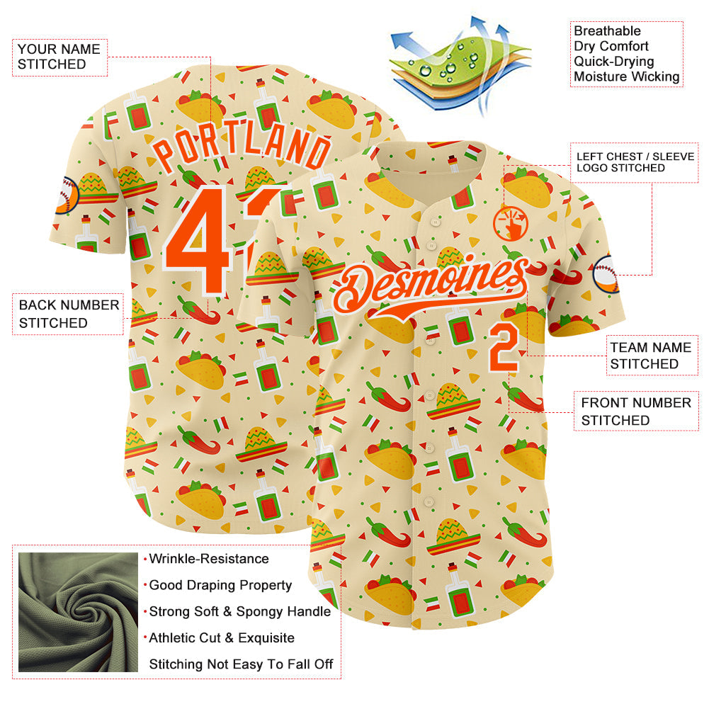 Custom Yellow Orange-White Cinco de Mayo Fiesta Mexican Folk Art Taco Authentic Baseball Jersey