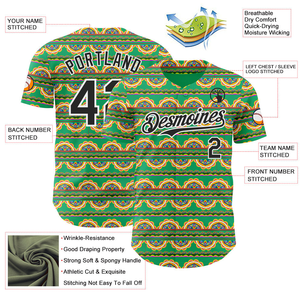 Custom Green Black-White Cinco de Mayo Tribal Floral Mexican Folk Art Authentic Baseball Jersey