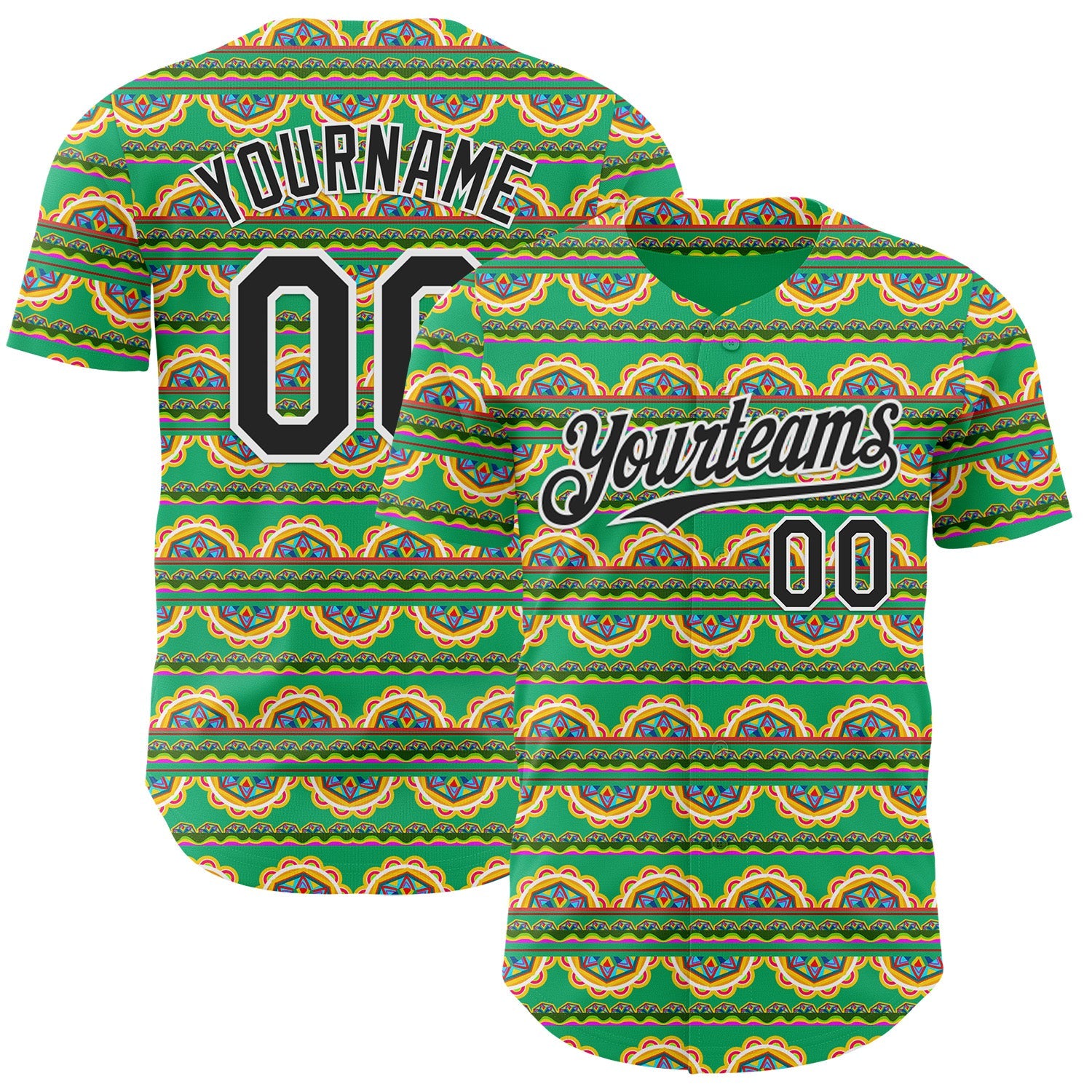 Custom Green Black-White Cinco de Mayo Tribal Floral Mexican Folk Art Authentic Baseball Jersey