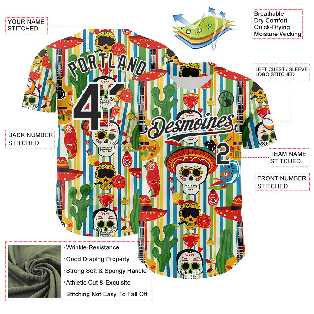 Custom White-Black Cinco de Mayo Sugar Skull Mexican Fiesta Cactus Guitar Authentic Baseball Jersey