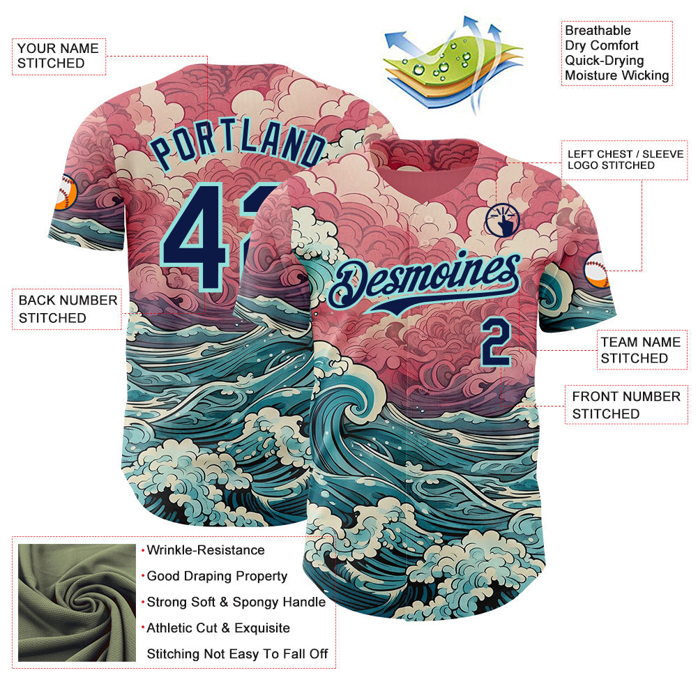 Custom Pink Navy-Ice Blue Japanese Wave Authentic Baseball Jersey