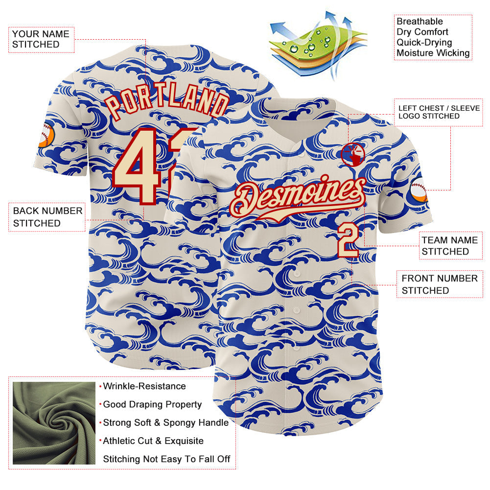 Custom Cream Blue-Red Japanese Wave Authentic Baseball Jersey