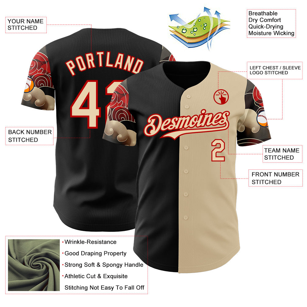 Custom City Cream Black-Red Japanese Wave Split Authentic Baseball Jersey