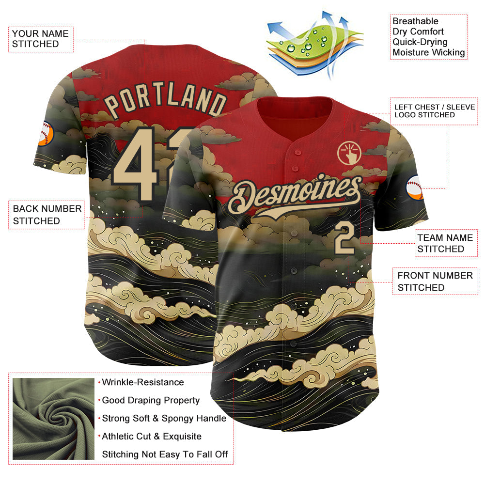 Custom Red Vegas Gold-Black Japanese Wave Authentic Baseball Jersey