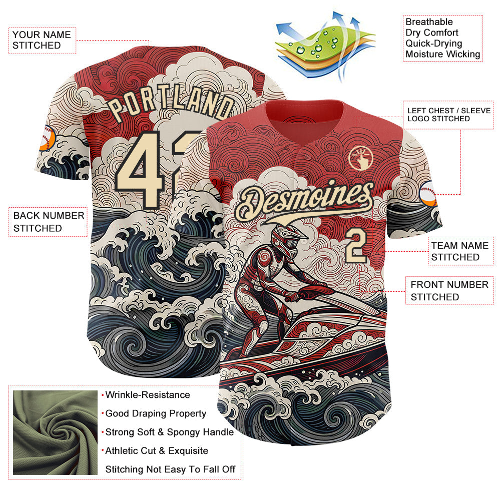 Custom Red Cream-Black Japanese Wave Jet Ski Authentic Baseball Jersey