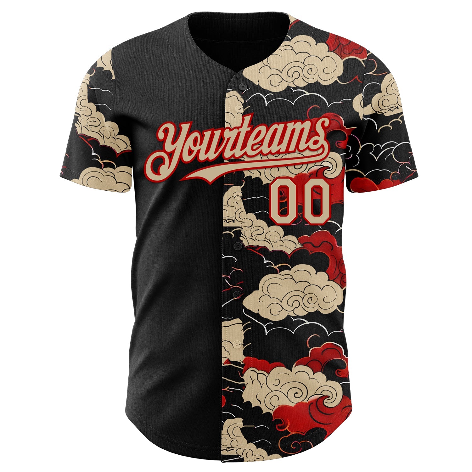 Custom Black City Cream-Red Japanese Wave Authentic Baseball Jersey