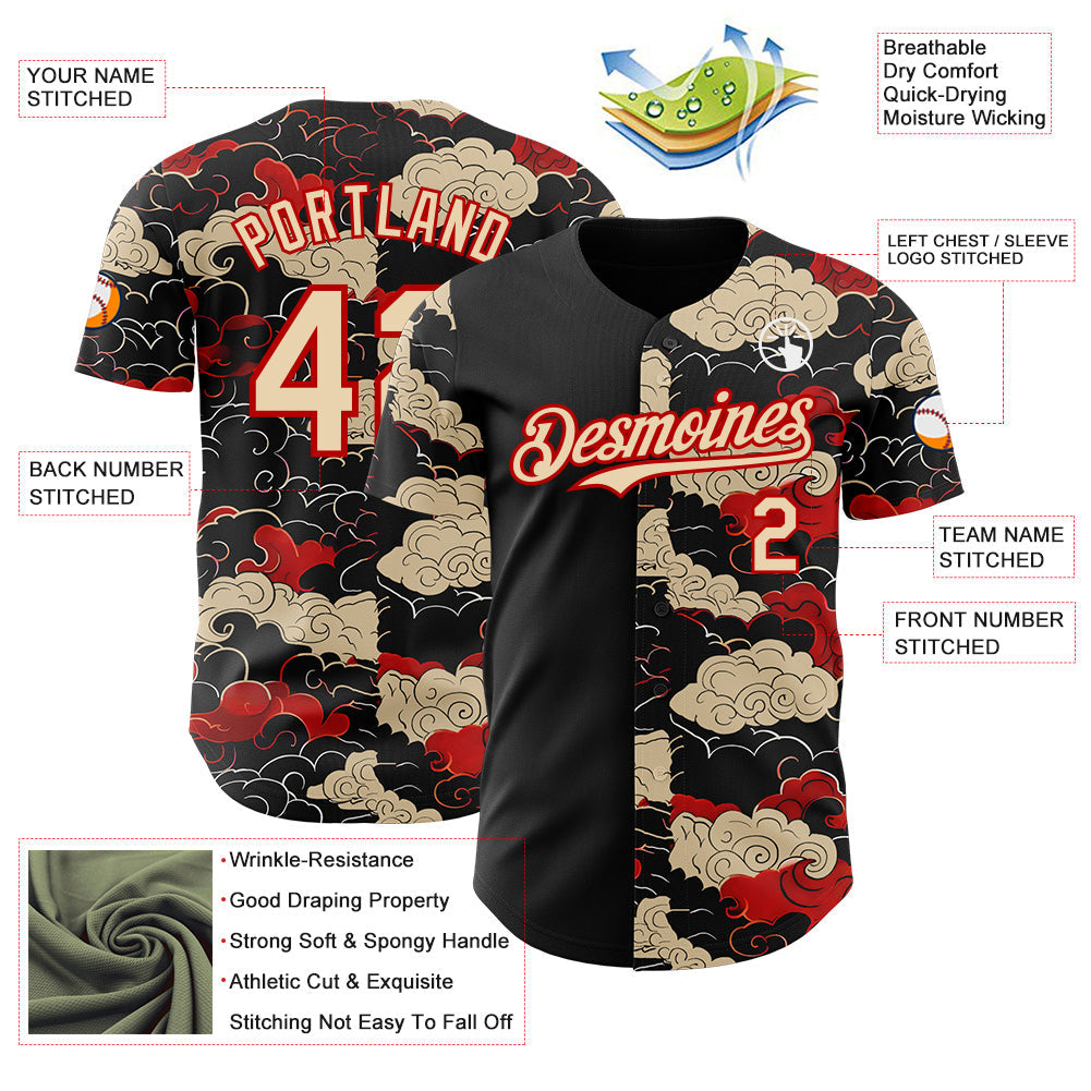 Custom Black City Cream-Red Japanese Wave Authentic Baseball Jersey