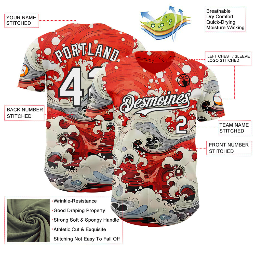 Custom Red White-Black Japanese Wave Authentic Baseball Jersey