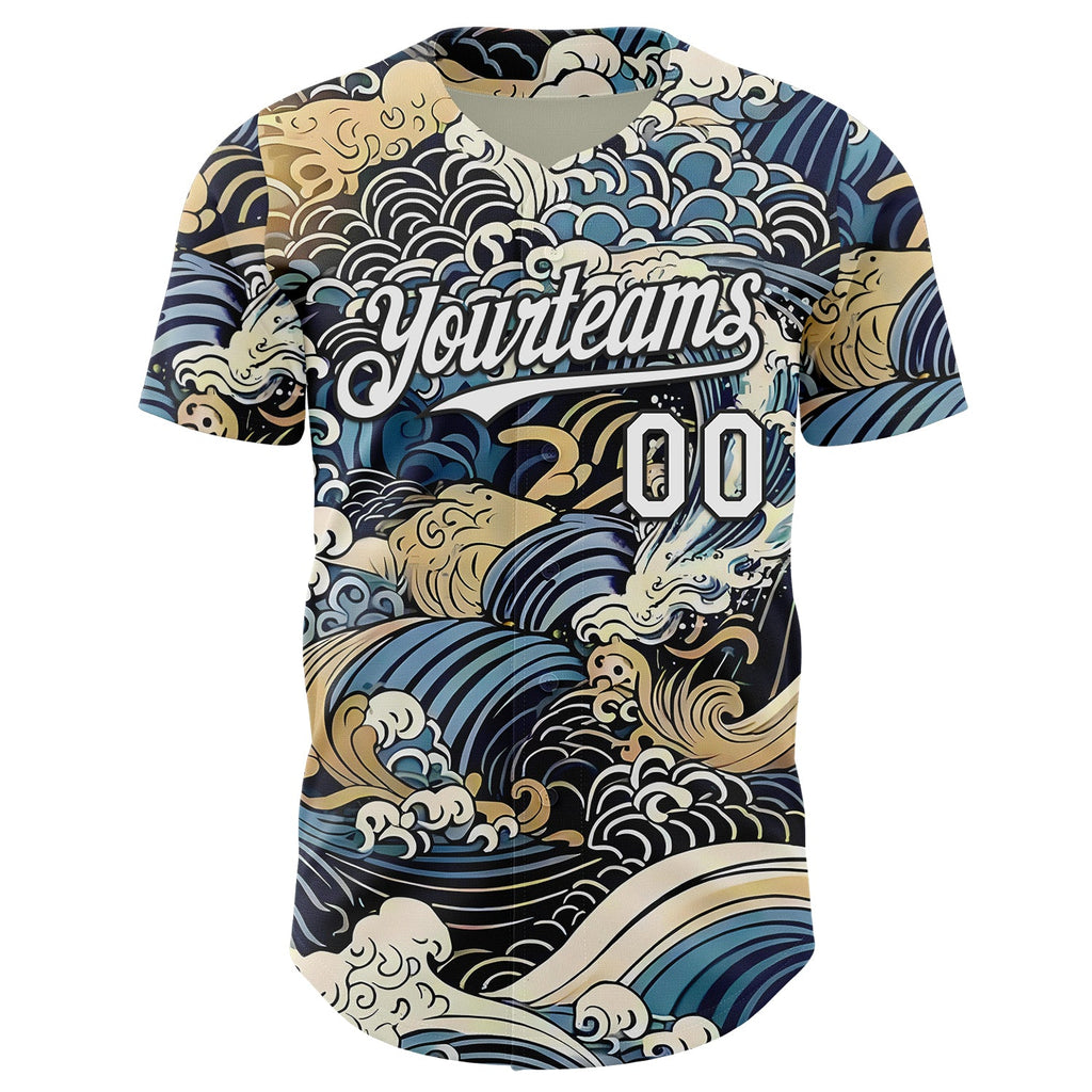 Custom Blue White-Black Japanese Wave Authentic Baseball Jersey