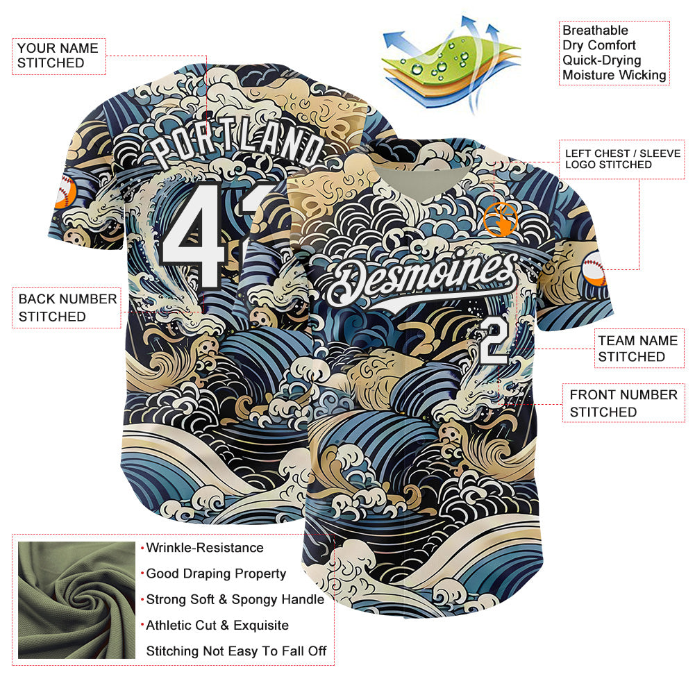 Custom Blue White-Black Japanese Wave Authentic Baseball Jersey