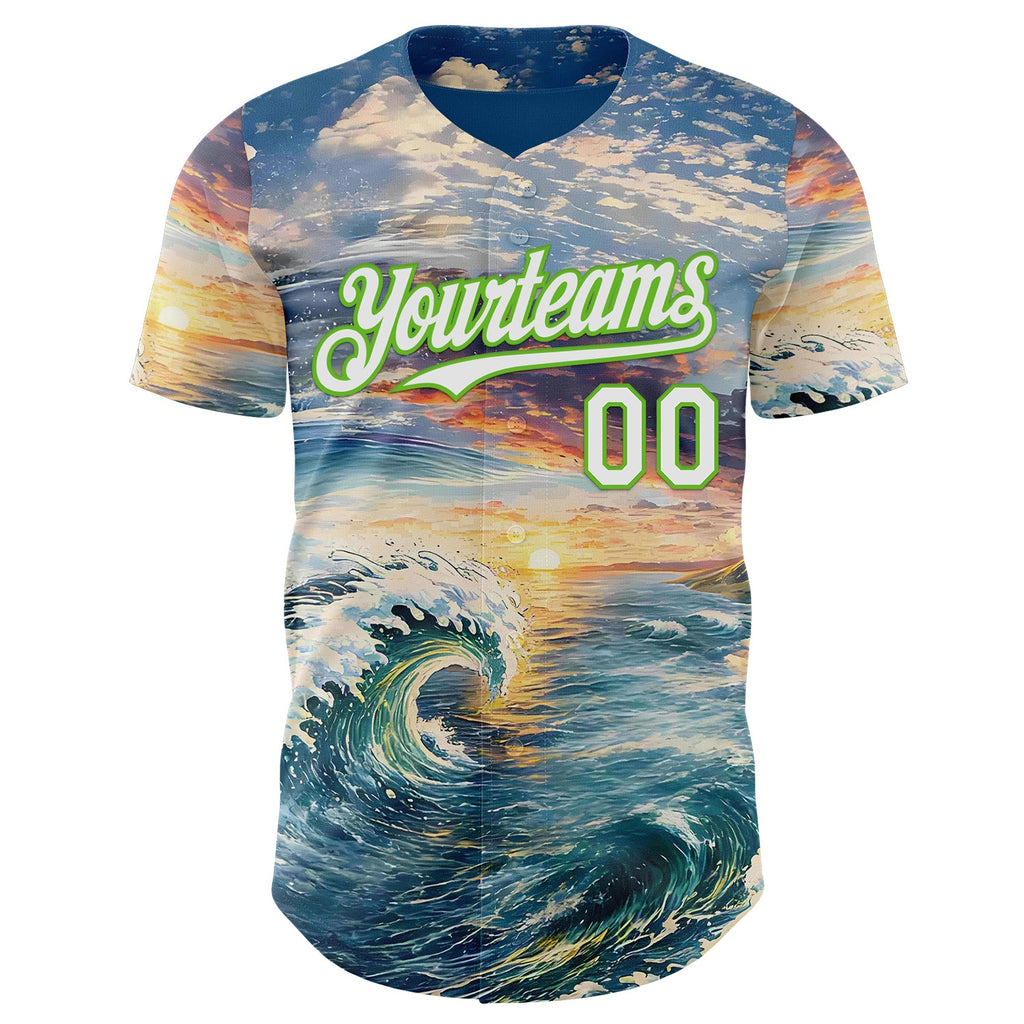 Custom Blue White-Aurora Green Japanese Wave Authentic Baseball Jersey