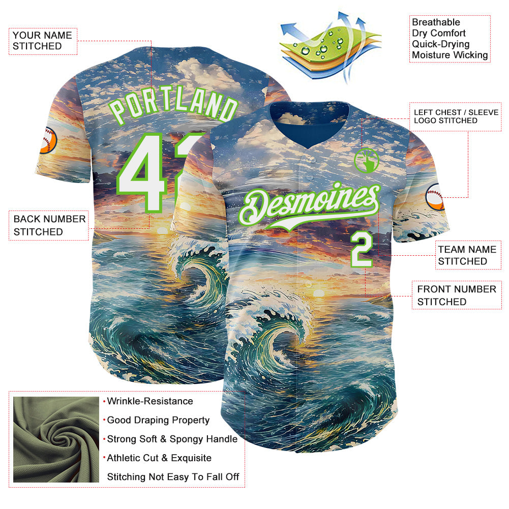 Custom Blue White-Aurora Green Japanese Wave Authentic Baseball Jersey