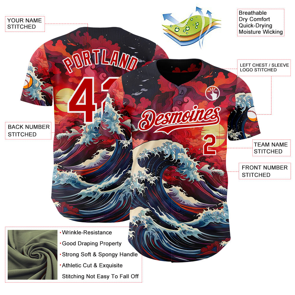 Custom Red-White Japanese Wave Authentic Baseball Jersey