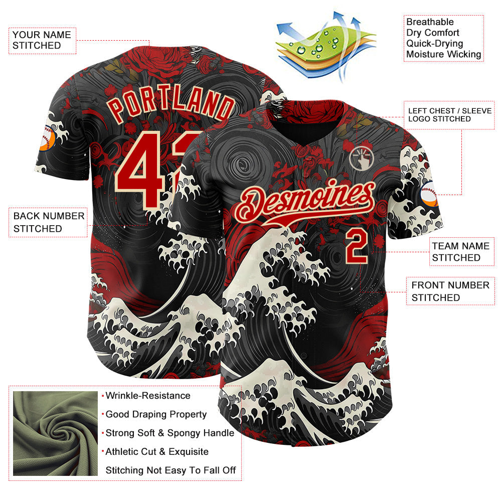 Custom Black Red-Cream Japanese Wave Authentic Baseball Jersey