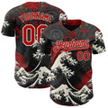 Custom Black Red-Cream Japanese Wave Authentic Baseball Jersey