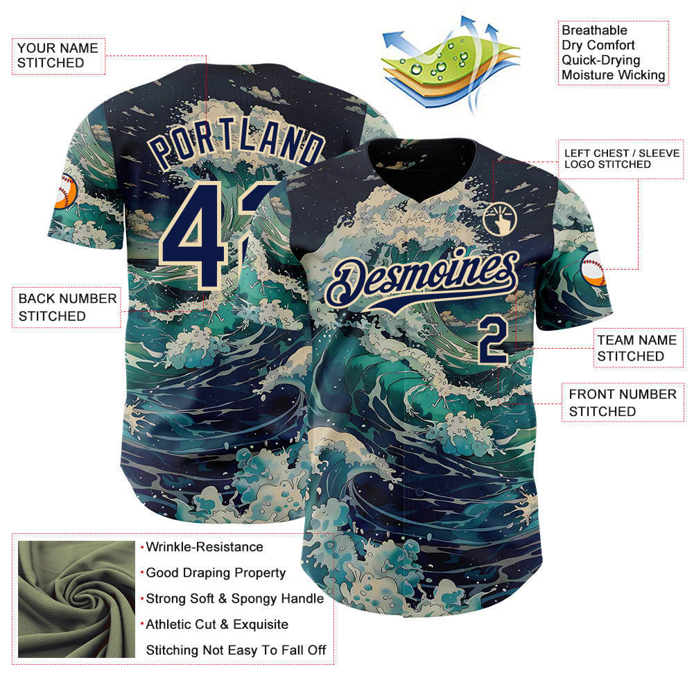 Custom Blue Navy-Cream Japanese Wave Authentic Baseball Jersey