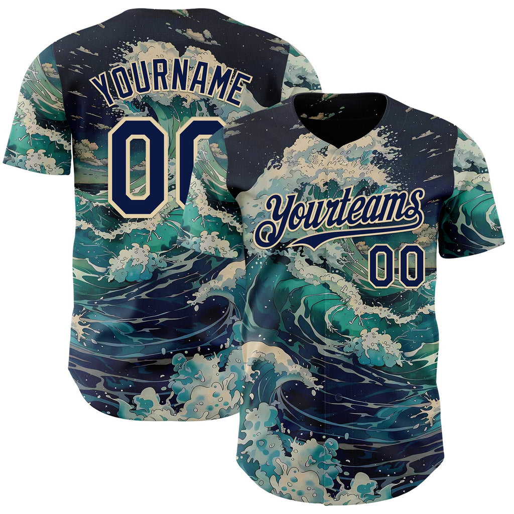 Custom Blue Navy-Cream Japanese Wave Authentic Baseball Jersey