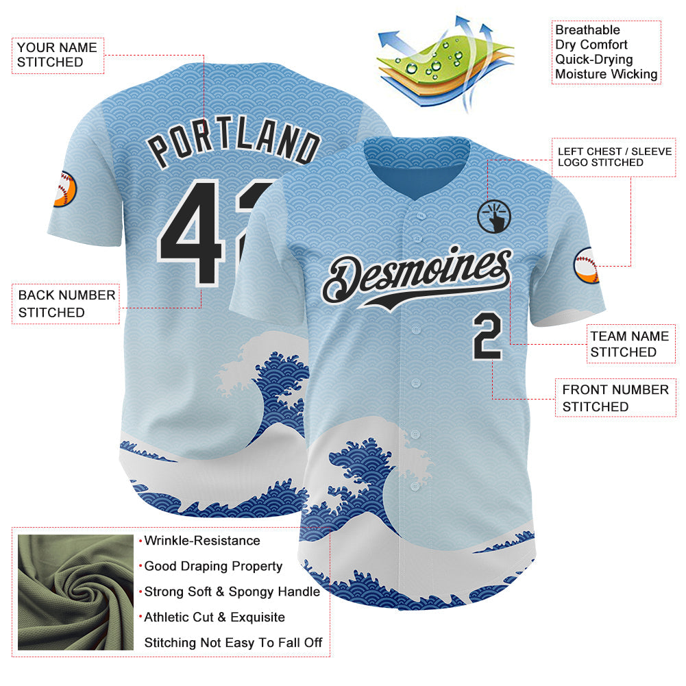 Custom Blue Black-White Japanese Wave Authentic Baseball Jersey