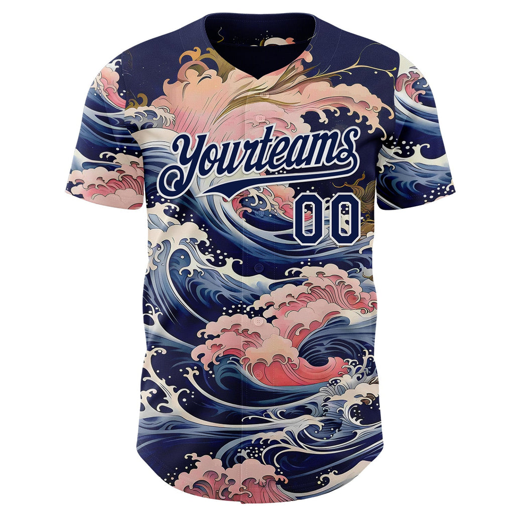 Custom Blue Navy-White Japanese Pastel Wave Authentic Baseball Jersey
