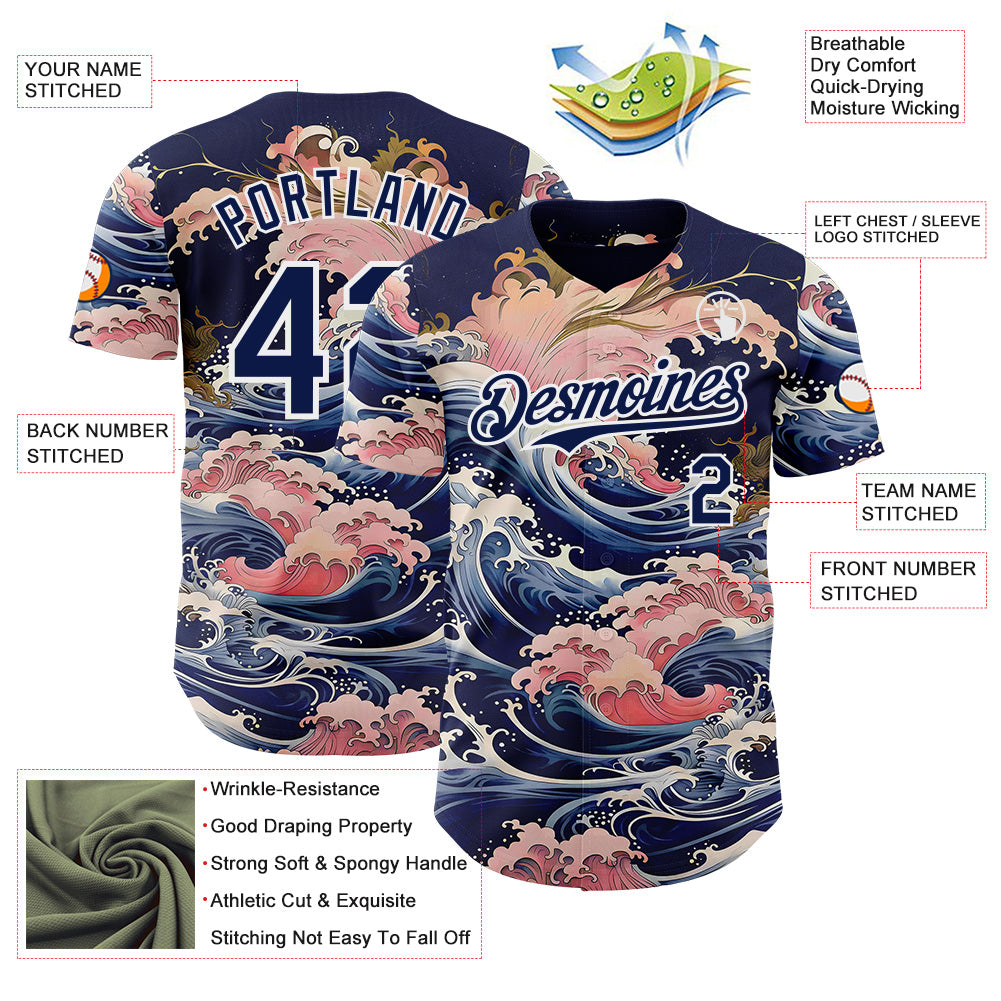 Custom Blue Navy-White Japanese Pastel Wave Authentic Baseball Jersey