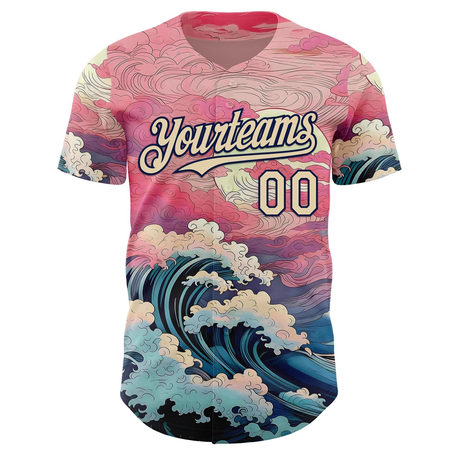 Custom Pink Cream-Navy Japanese Pastel Wave Authentic Baseball Jersey