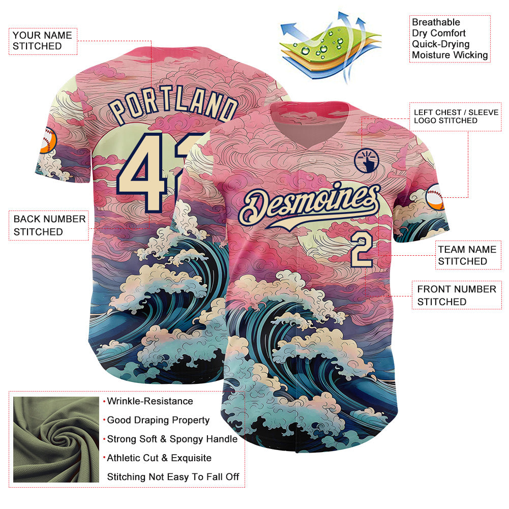 Custom Pink Cream-Navy Japanese Pastel Wave Authentic Baseball Jersey