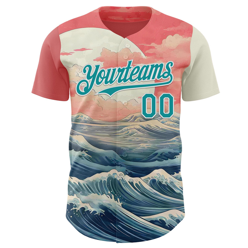 Custom Pink Teal-White Japanese Pastel Wave Authentic Baseball Jersey