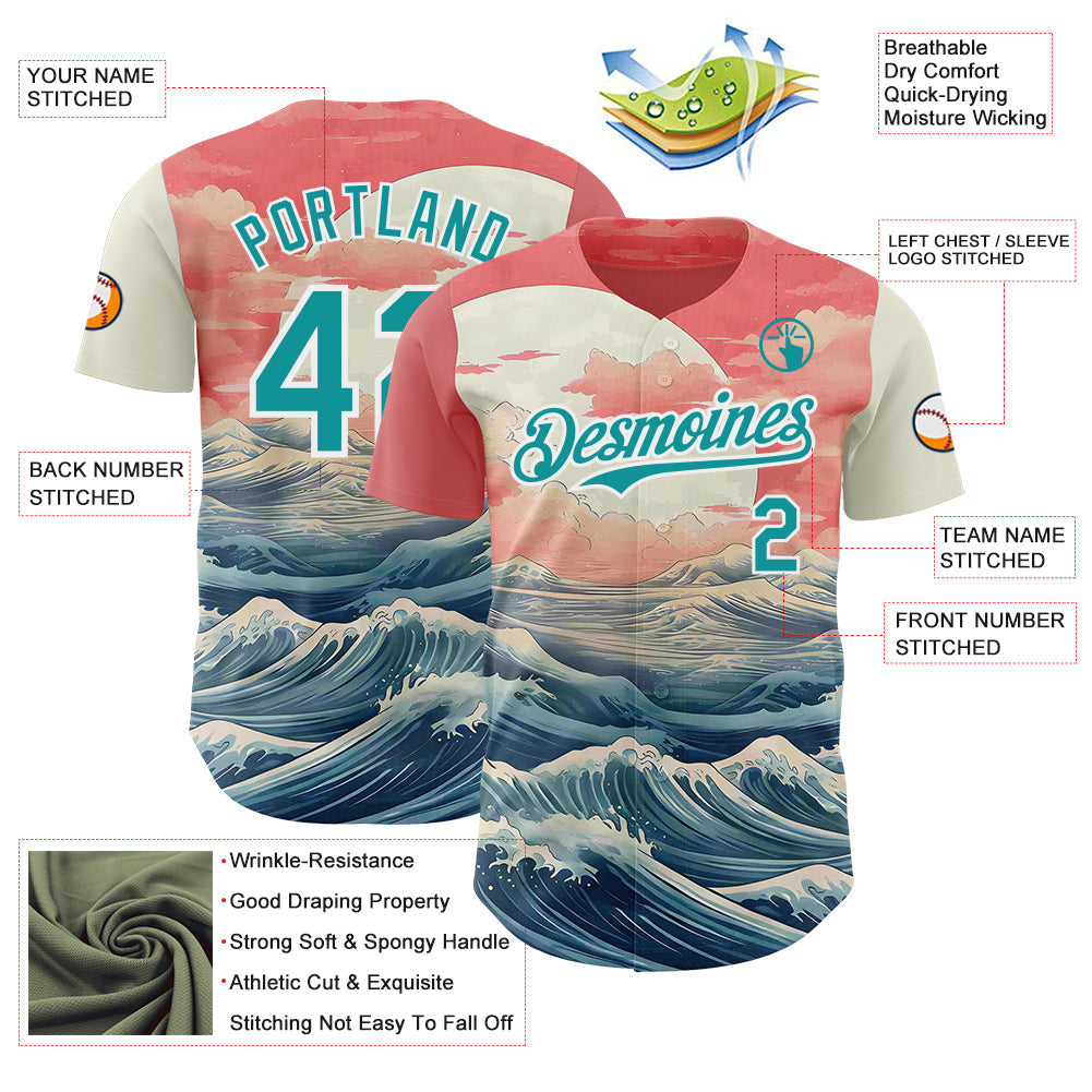 Custom Pink Teal-White Japanese Pastel Wave Authentic Baseball Jersey