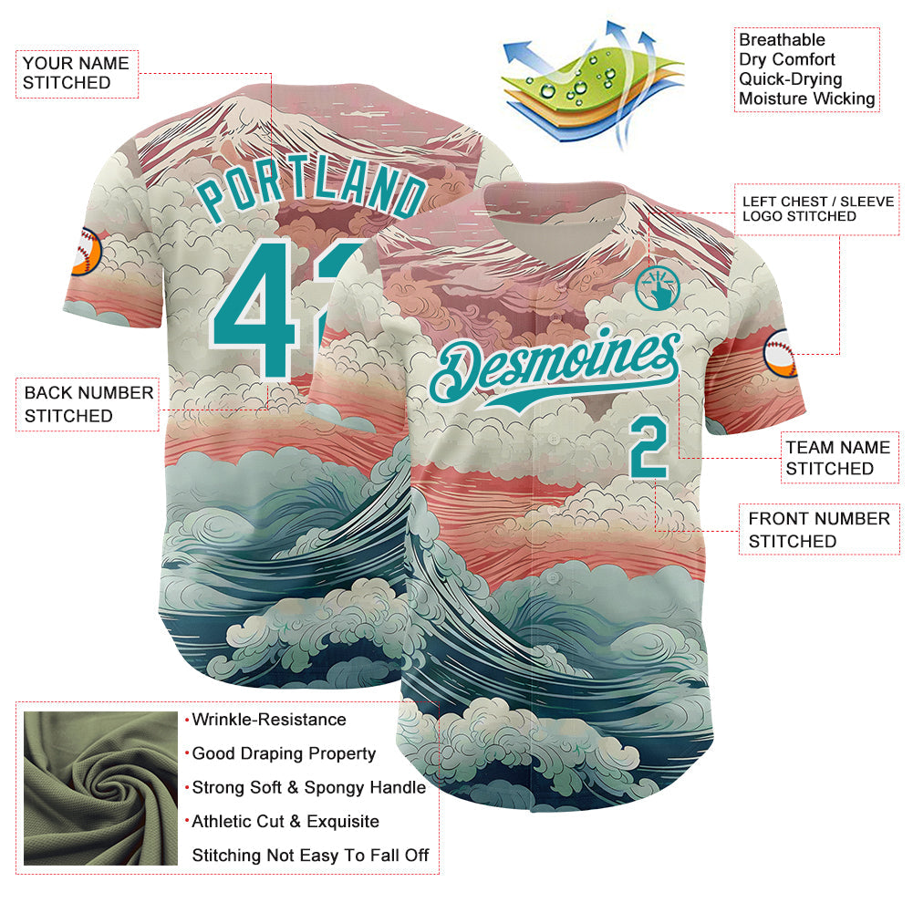 Custom Pink Teal-White Japanese Pastel Wave Authentic Baseball Jersey