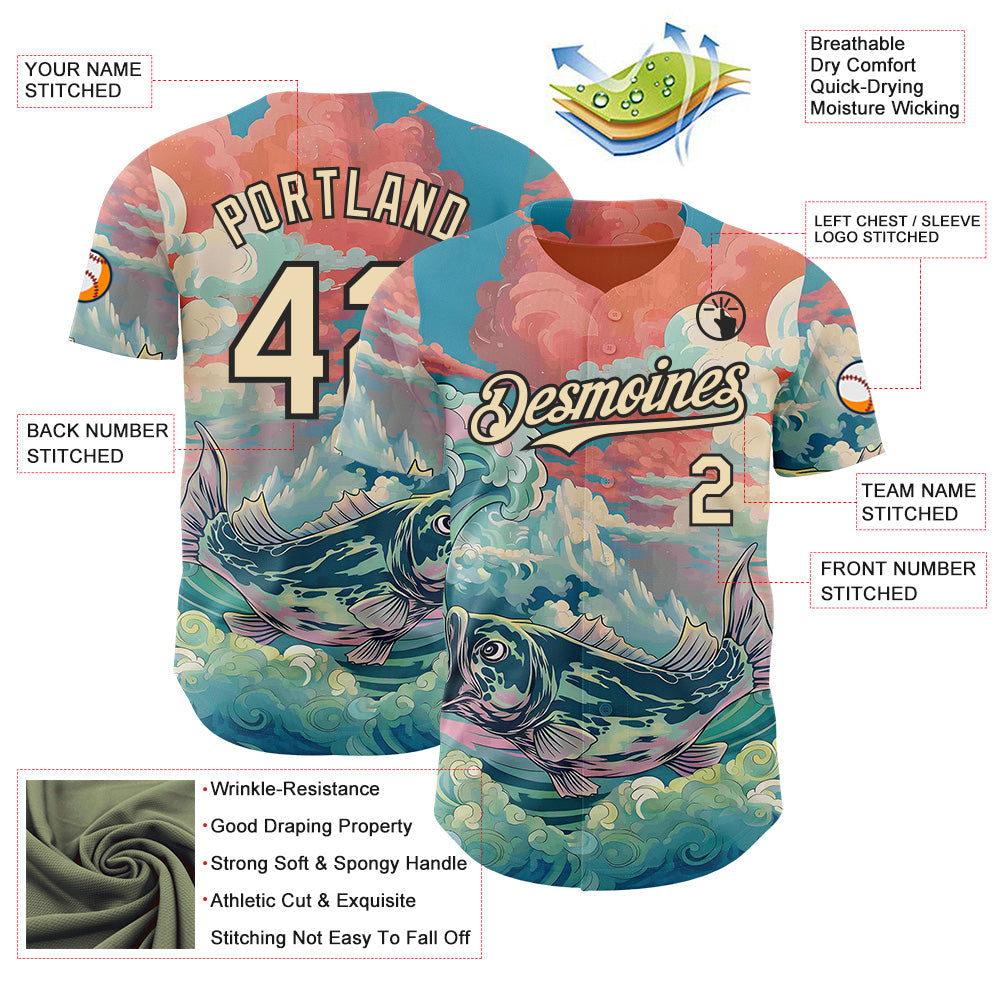 Custom Pink Cream-Black Japanese Wave Fish Authentic Baseball Jersey